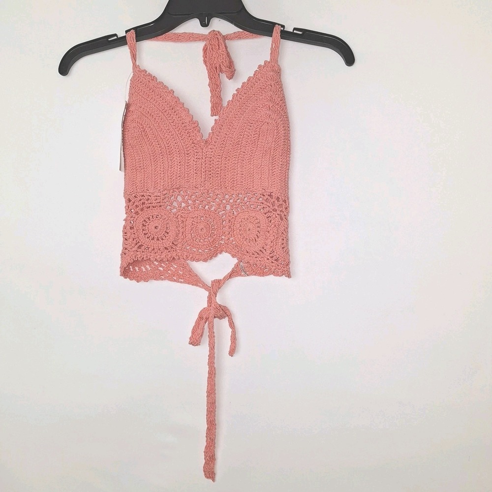 NWT Crochet Festival Fashion Crop Top S/M Kirat 100% Cotton Coral Pink Halter